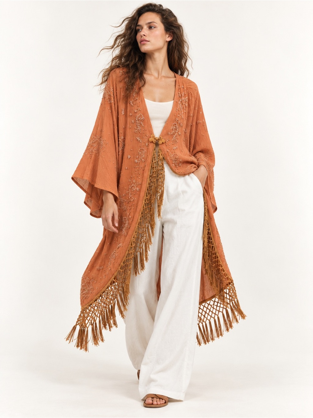 Zara Woman Sold Out Embroidered Fringe Kaftan Brick Size Small